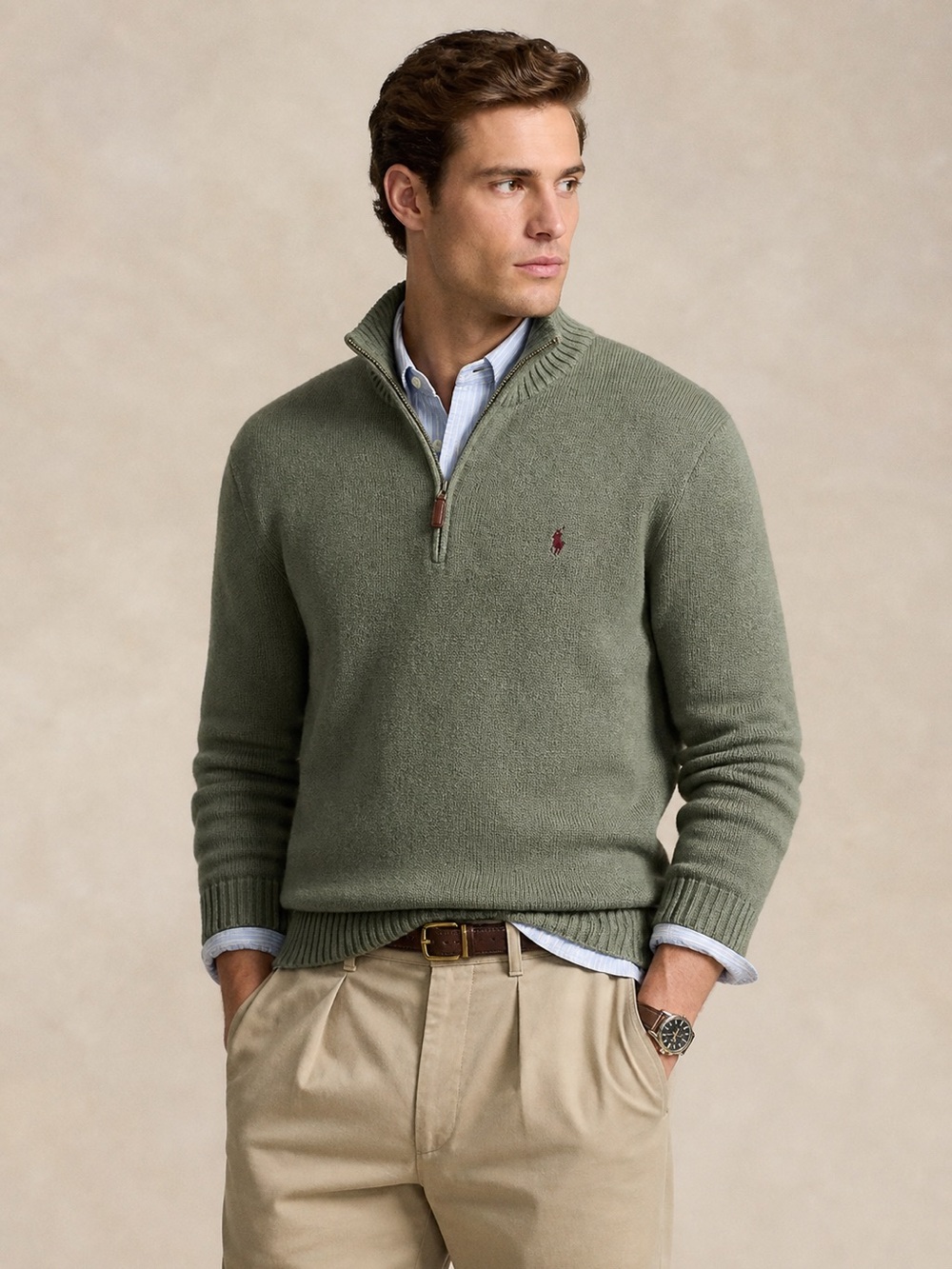 Polo Ralph Lauren Mens Olive Green 100%‎ Cotton Quarter Zip Sweater Size Large